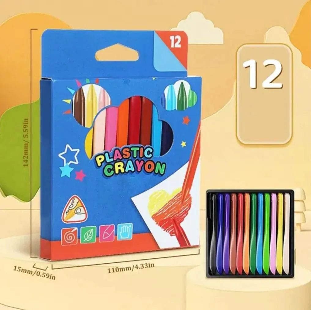 Pack Of 12 Art Supply Childs Plastic Crayons With Box